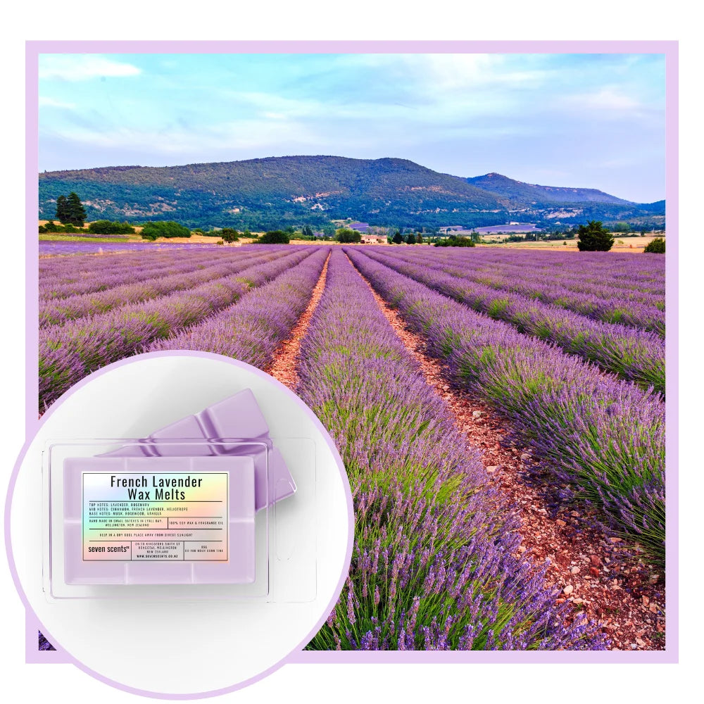 French Lavender Wax Melts packaging with a scenic lavender field background