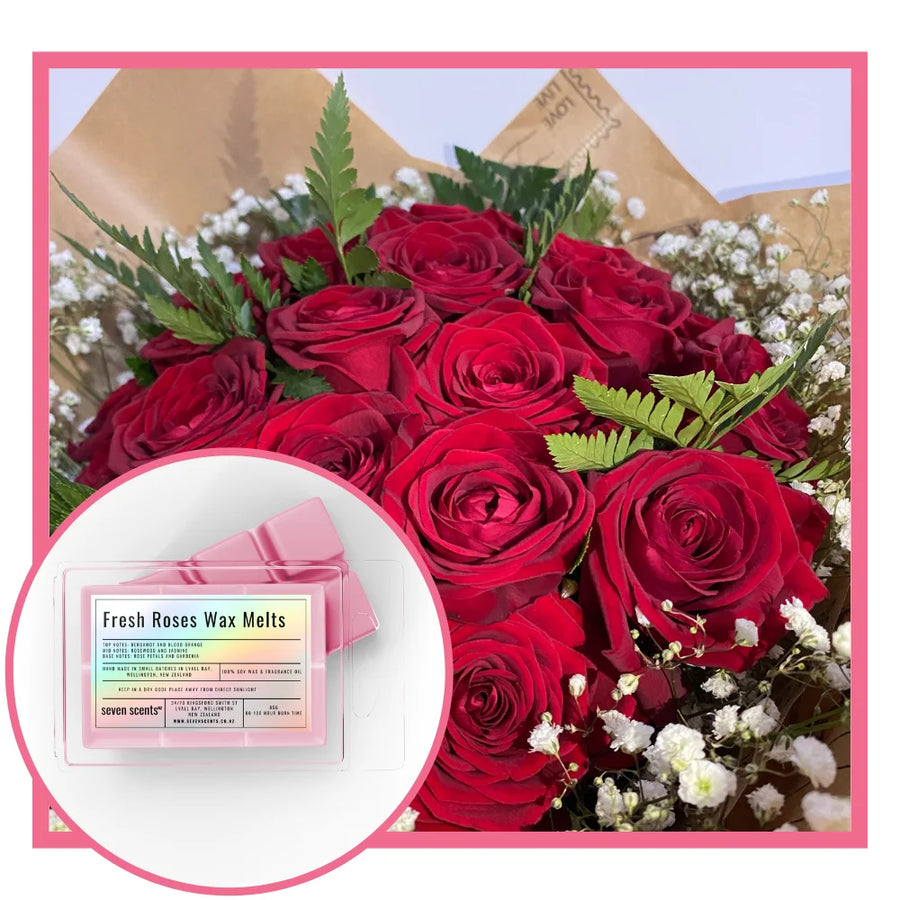 Fresh rose wax melts with fresh roses in background