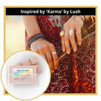 Gypsy Wax Melts inspired by 'Karma' by Lush with hands wearing rings and bracelets.