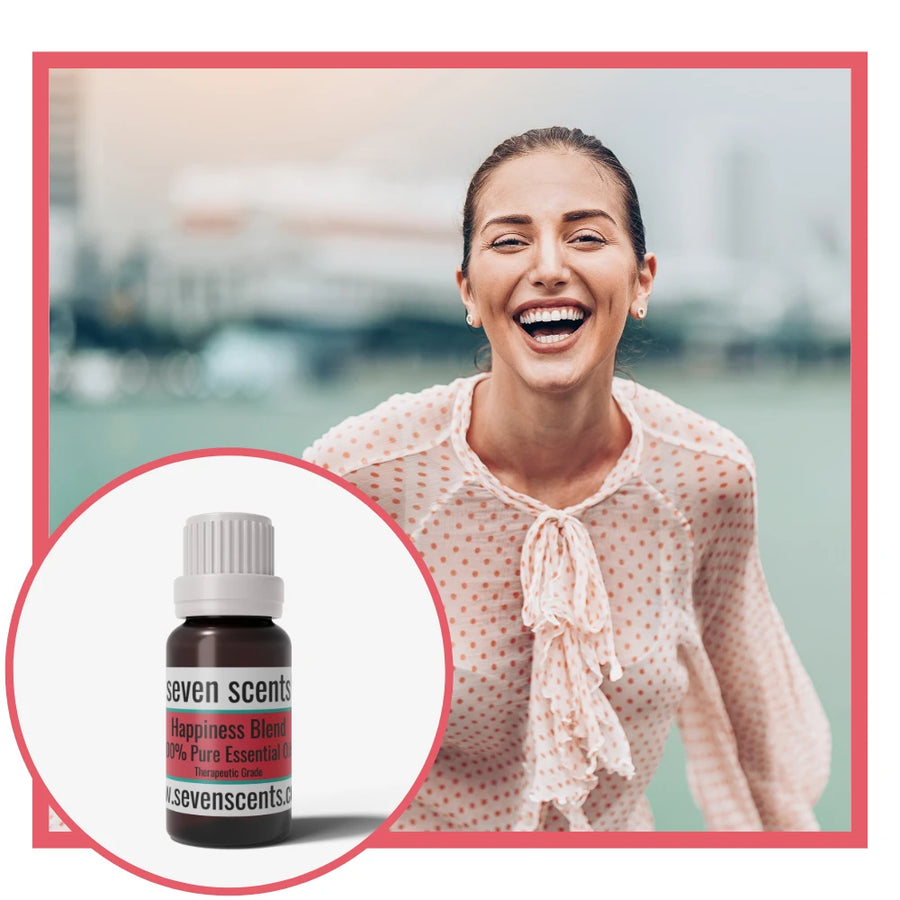 Happiness essential oil blend by Seven Scents with a happy smiling woman