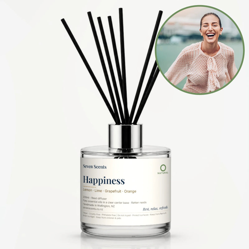 Happiness Reed Diffuser by Seven Scents - glass bottle with a woman laughing by the water