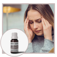 Headache relief essential oil blend by Seven Scents with a woman with a headache holding her temples