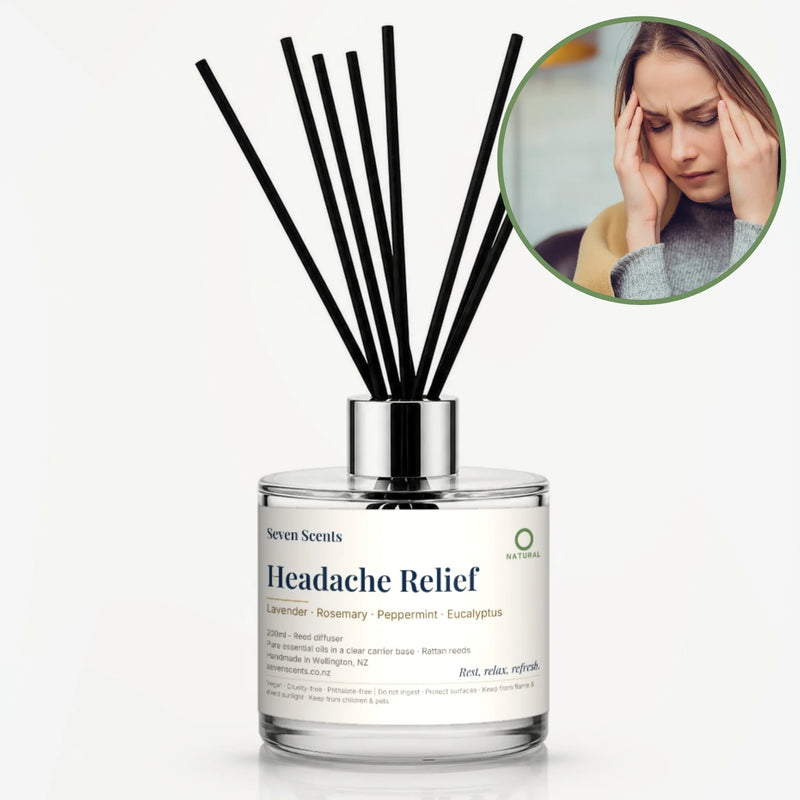 Headache Relief Reed Diffuser by Seven Scents - glass bottle with a woman in a grey jumper with her hands to her head