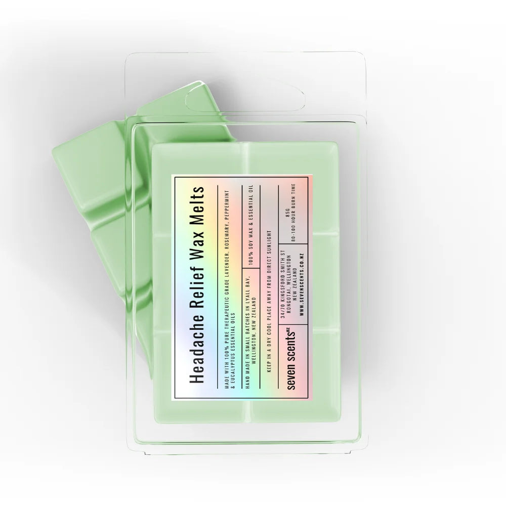 Pack of 'Headache Relief Wax Melts' by seven scents on a white background