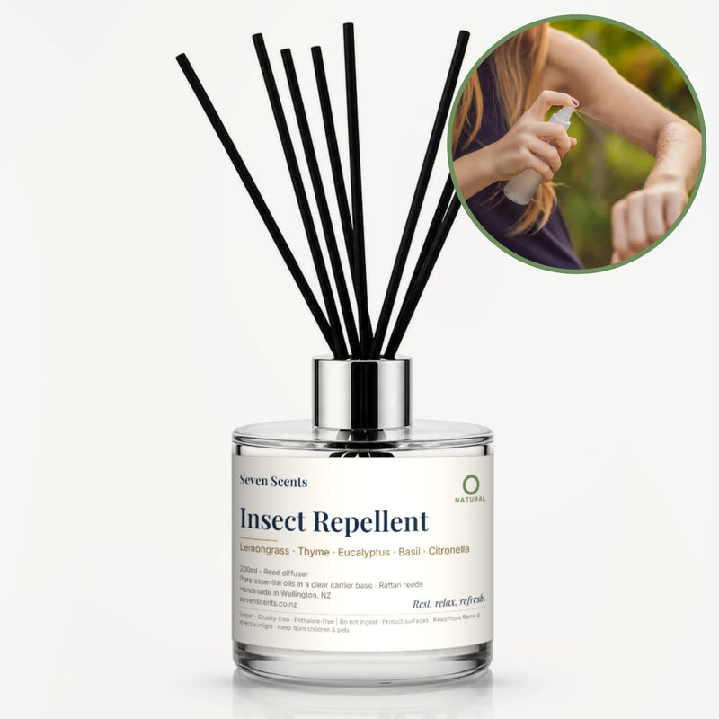 Insect Repellent Reed Diffuser by Seven Scents - glass bottle with a woman spraying her arm outdoors