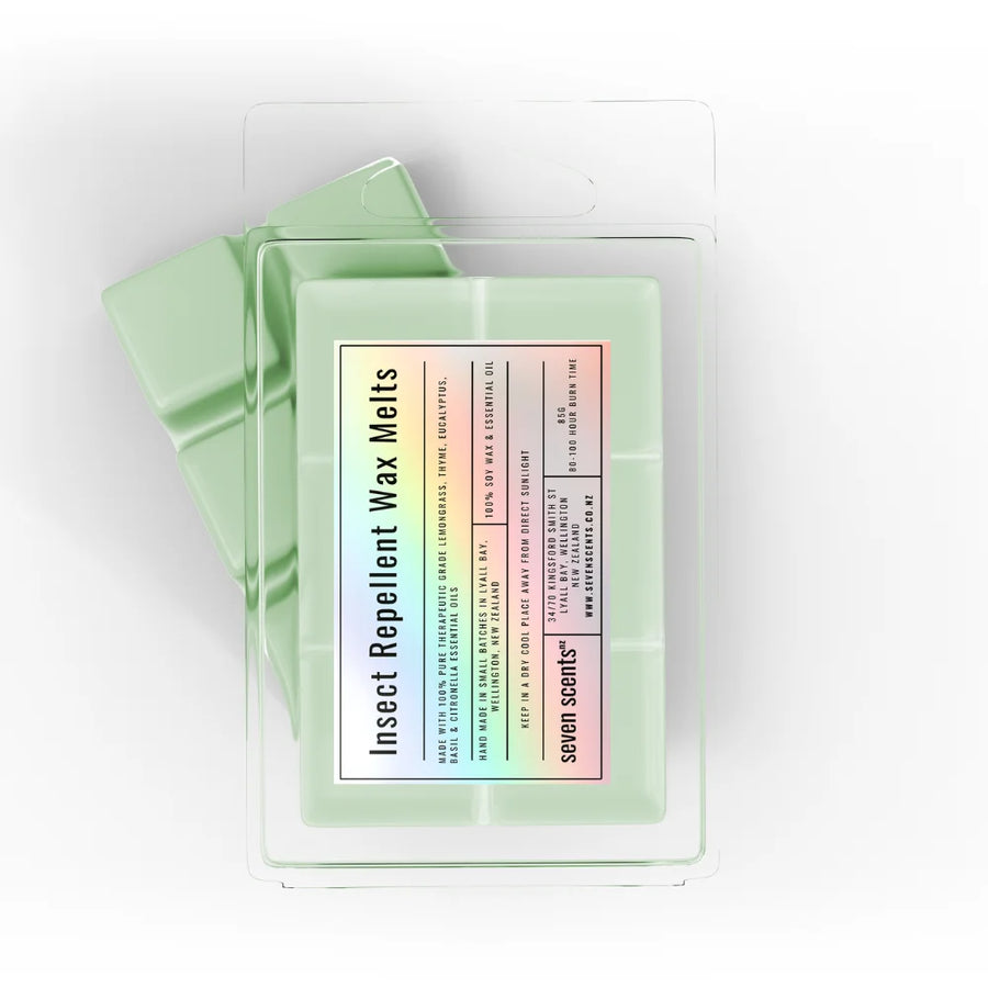 Pack of 'Insect Repellent Wax Melts' by seven scents on a white background