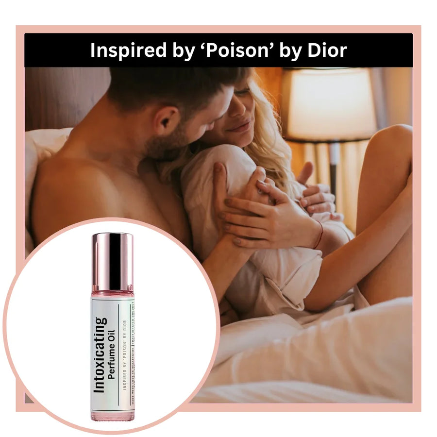 Intoxicating perfume oil bottle with a couple embracing in bed, inspired by 'Poison' by Dior.