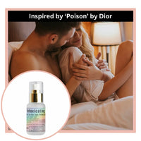 Couple embracing in bed with a bottle of perfume labeled 'Intoxicating' inspired by 'Poison' by Dior.
