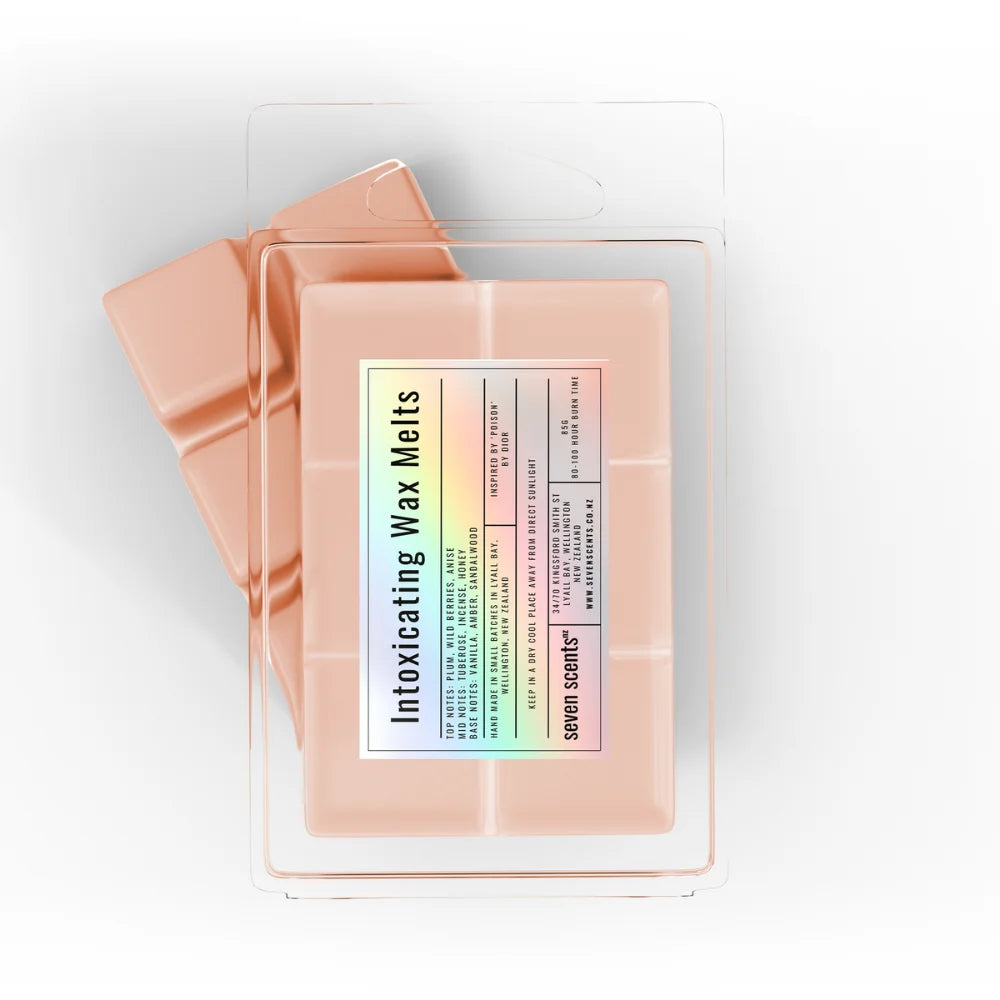 Pack of 'Intoxicating Wax Melts' by seven scents on a white background