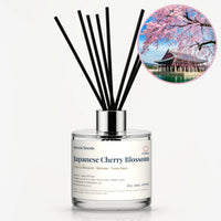 Japanese Cherry Blossom Reed Diffuser by Seven Scents - glass bottle with cherry blossom over a pavilion by water