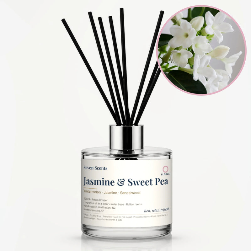 Jasmine & Sweet Pea Reed Diffuser by Seven Scents - glass bottle with white jasmine flowers