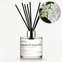 Jasmine & Sweet Pea Reed Diffuser by Seven Scents - glass bottle with white jasmine flowers