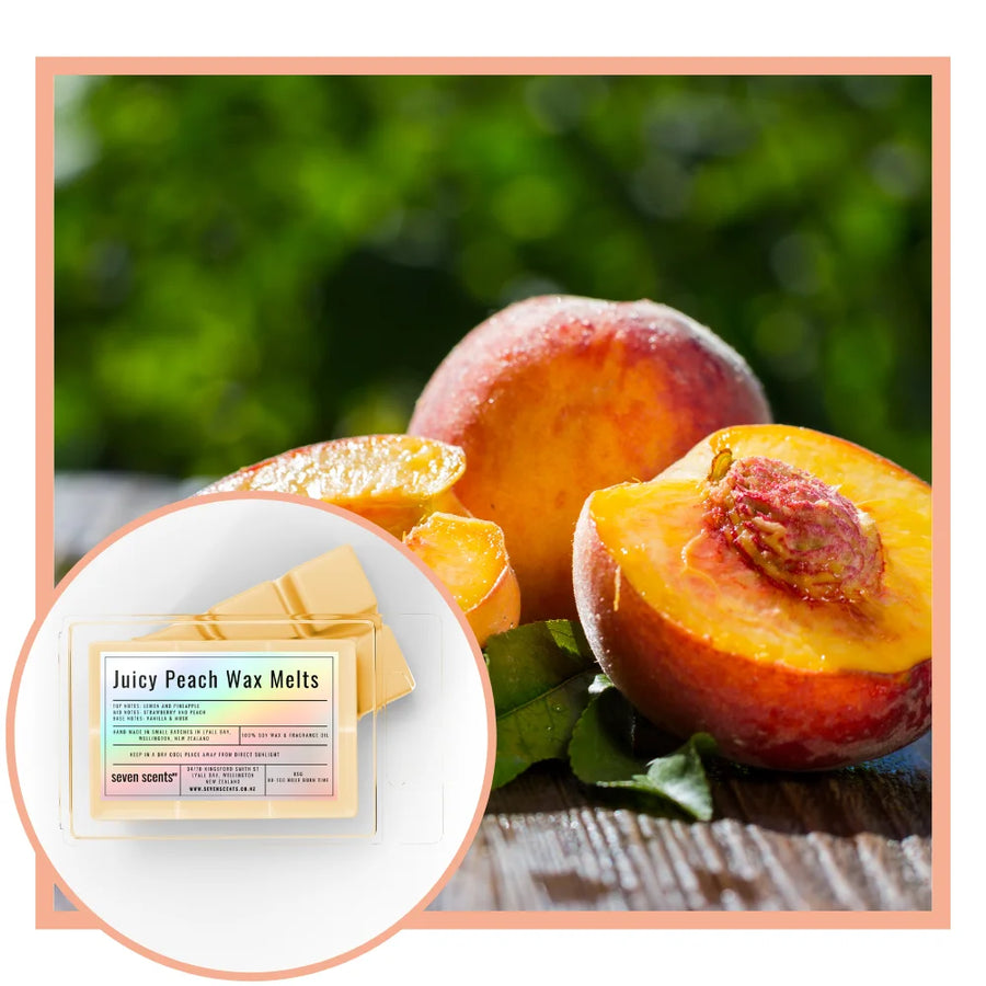Juicy peach wax melts with a close-up of a label on a wooden surface with peaches in the background.