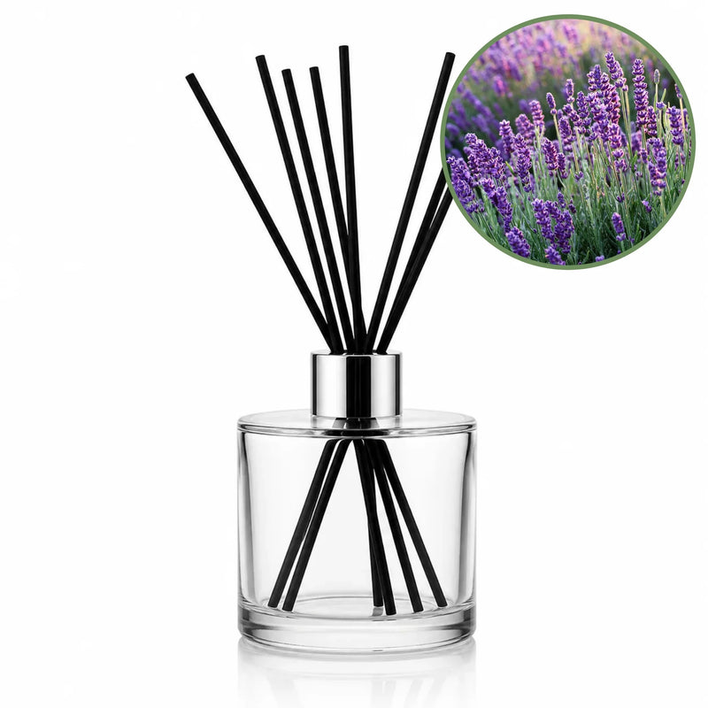 Lavender natural reed diffuser bottle by seven scents with black diffuser sticks and a silver collar, shown on a white background with a circular inset photo of lavender flowers.