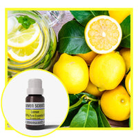 Lemon essential oil by Seven Scents with fresh lemons and lemon slices in a jar
