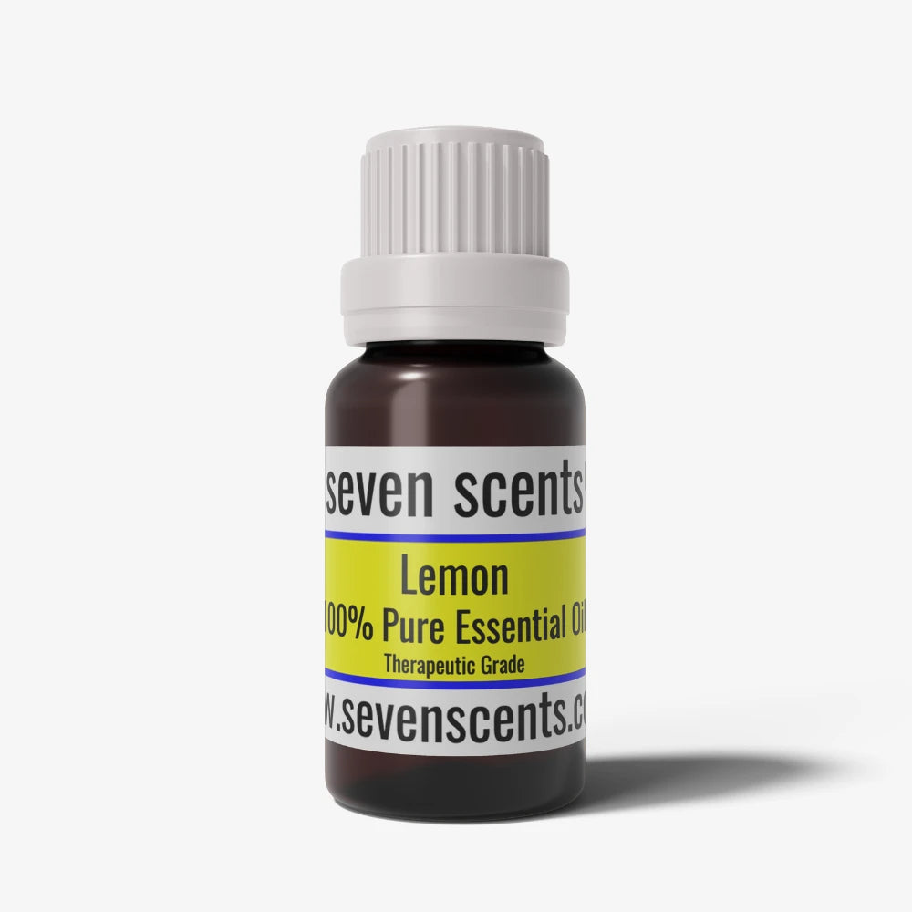 Lemon Essential Oil bottle with a white cap on a white background