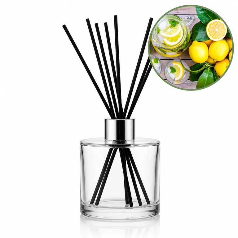 Lemon reed diffuser by Seven Scents bottle with black diffuser sticks and a silver cap, shown on a white background with a circular lemon-and-mojito-themed inset image in the top right.