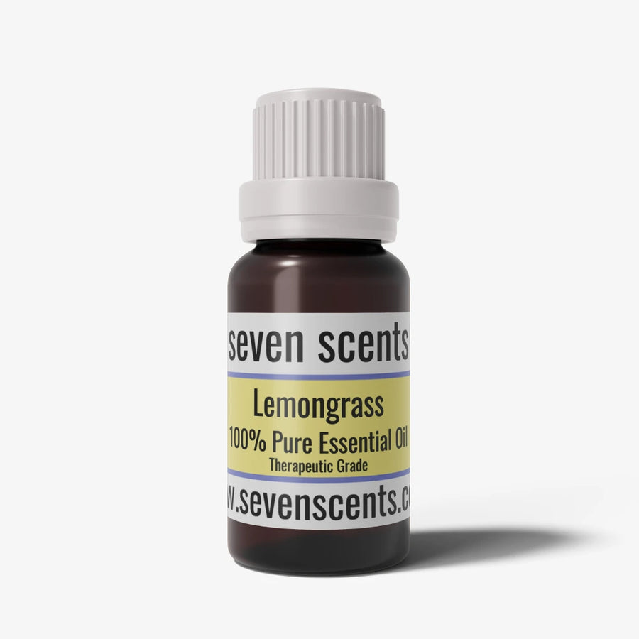 Lemongrass essential oil bottle by Seven Scents with a white cap on a white background