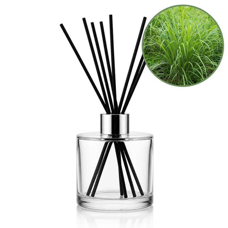Lemongrass reed diffuser by Seven scents bottle with black diffuser sticks and a silver collar, shown on a white background with a circular inset of lemongrass.