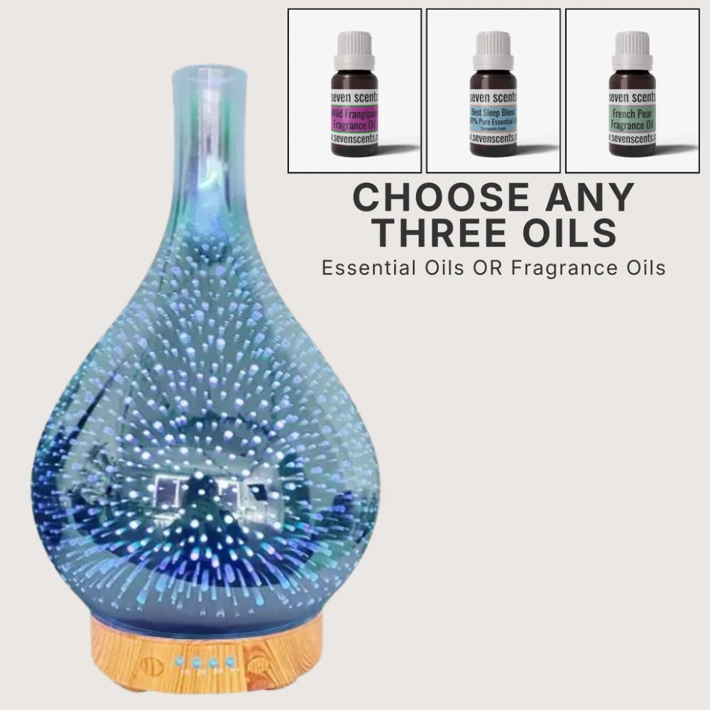 Leo 3D glass essential oil diffuser (light) bundle with choice of 3 oils - Seven Scents NZ