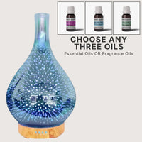 Leo 3D glass essential oil diffuser (light) bundle with choice of 3 oils - Seven Scents NZ