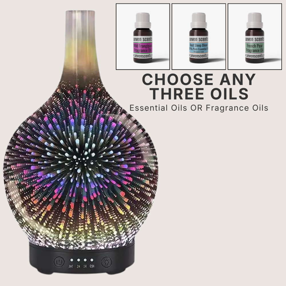Leo 3D glass essential oil diffuser (dark) bundle with choice of 3 oils - Seven Scents NZ