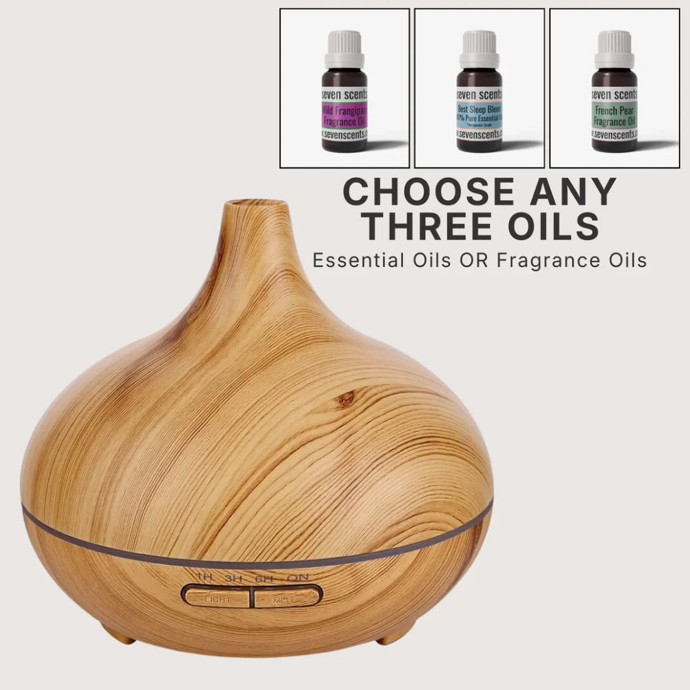 Lucy light wood grain essential oil diffuser bundle with choice of 3 oils - Seven Scents NZ