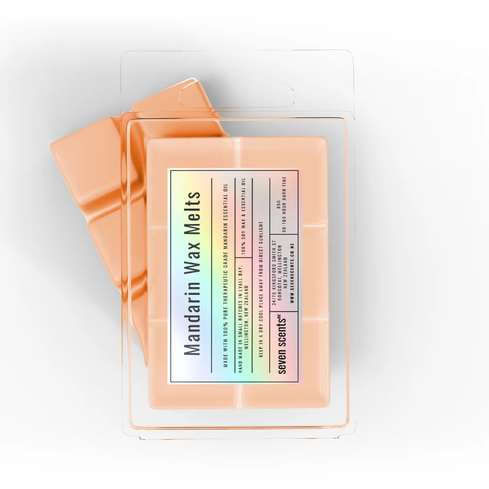 Pack of 'Mandarin Wax Melts' by seven scents on a white background