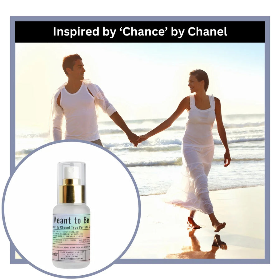 Couple holding hands on a beach with a bottle of 'Meant to Be' product inset, inspired by Chance by Chanel.