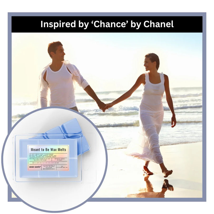 Couple holding hands on a beach with a product inset labeled 'Meant to be Wax Melts' inspired by Chance by Chanel