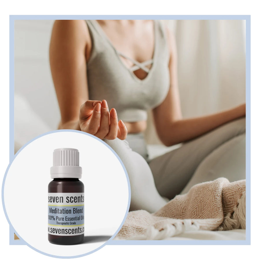 Meditation essential oil blend by Seven Scents with a woman meditating at home
