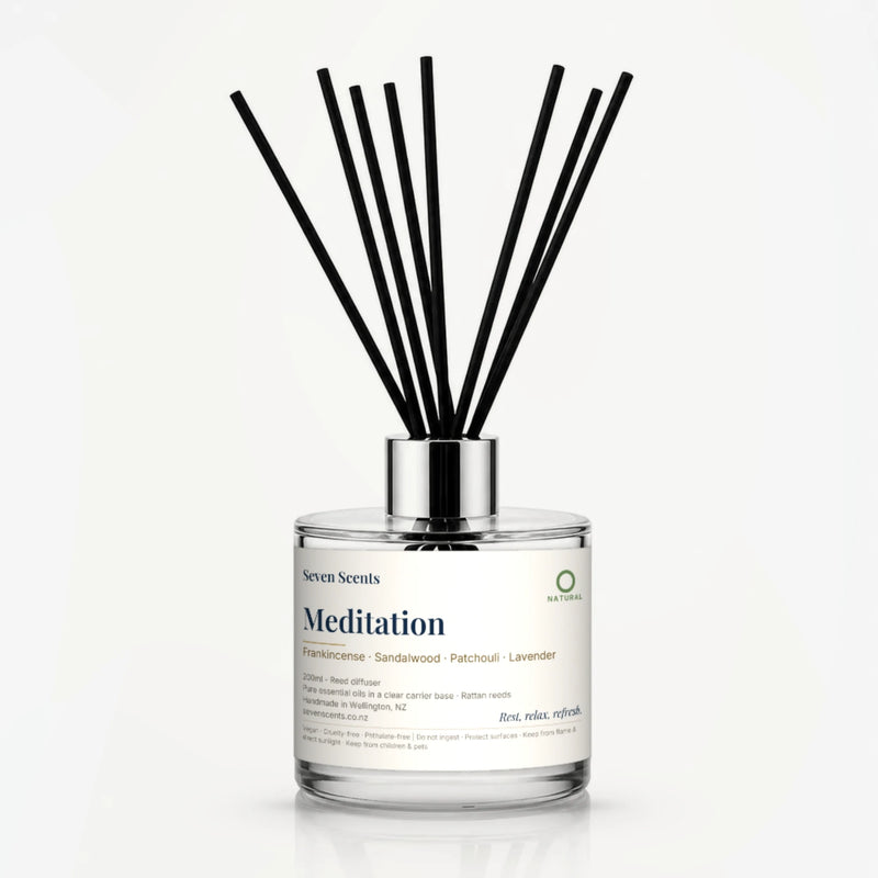 Meditation Reed Diffuser by Seven Scents - 200ml clear glass bottle with black reeds and a silver collar