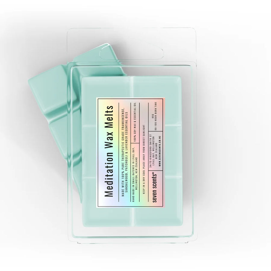 Pack of 'Meditation Wax Melts' by seven scents on a white background