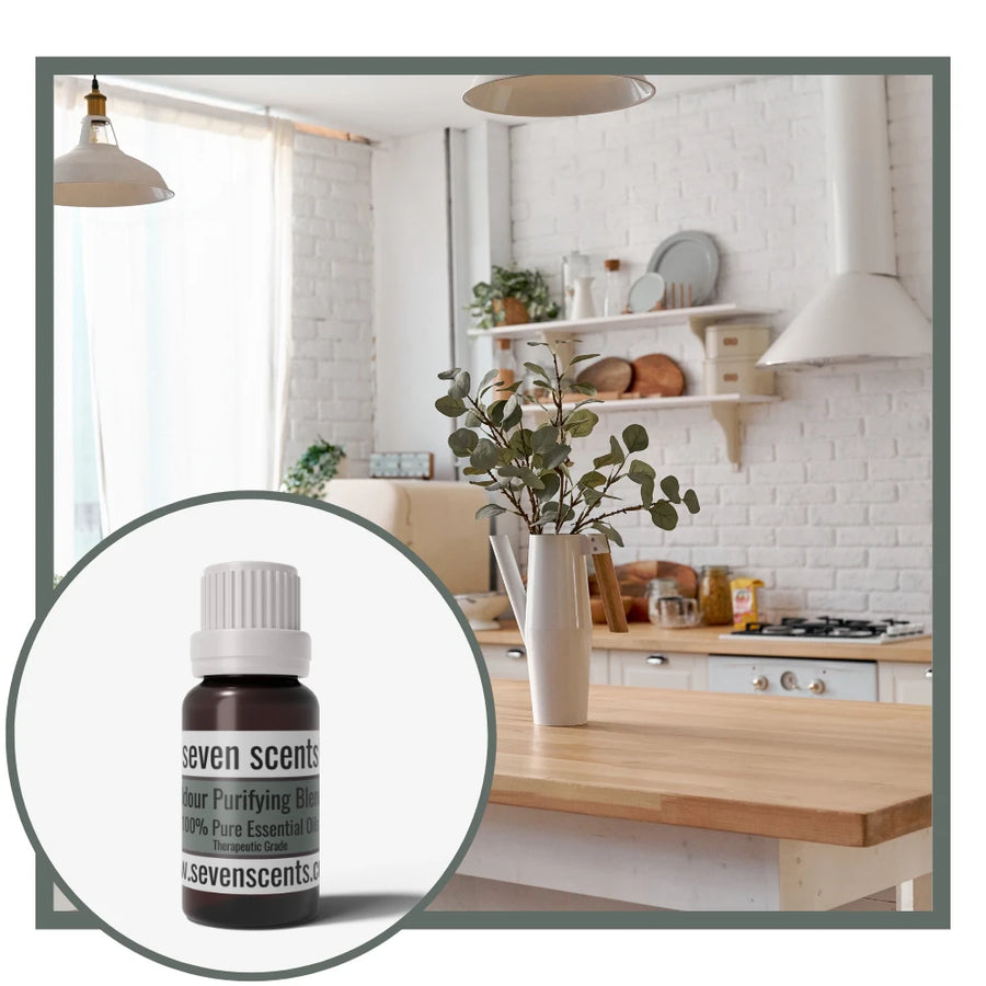 Odour Purifying essential oil blend by Seven Scents with a clean kitchen background