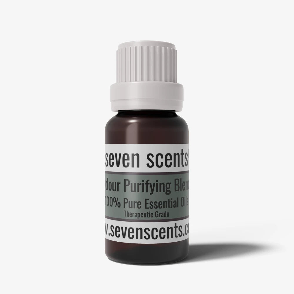 Odour Purifying essential oil bottle by Seven Scents with a white cap on a white background