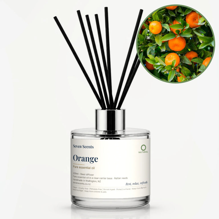 Orange Reed Diffuser by Seven Scents - glass bottle with ripe oranges on the tree