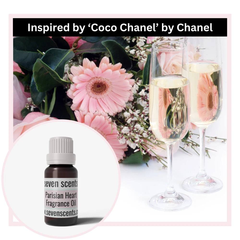 Seven Scents Parisian Hearts fragrance oil bottle with pink flowers and champagne glasses in the background.