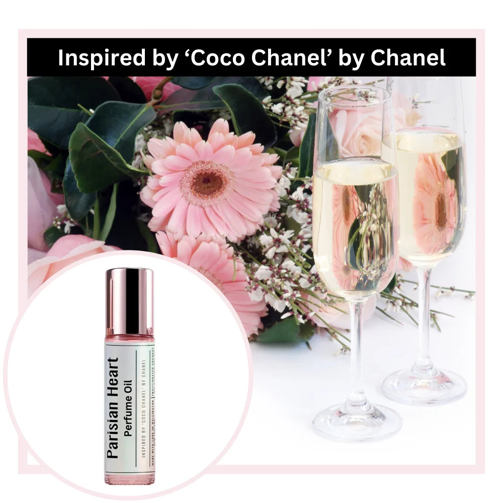 Parisian Heart perfume oil bottle with pink flowers and champagne glasses, inspired by Coco Chanel by Chanel.
