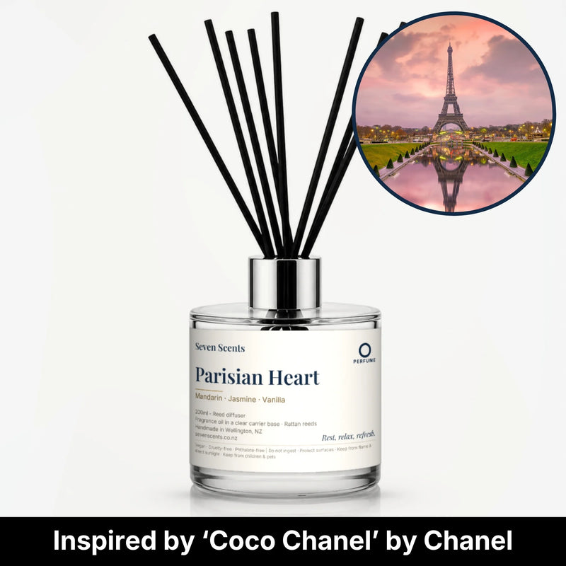 Parisian Heart Reed Diffuser by Seven Scents - glass bottle with the Eiffel Tower at a pink sunset