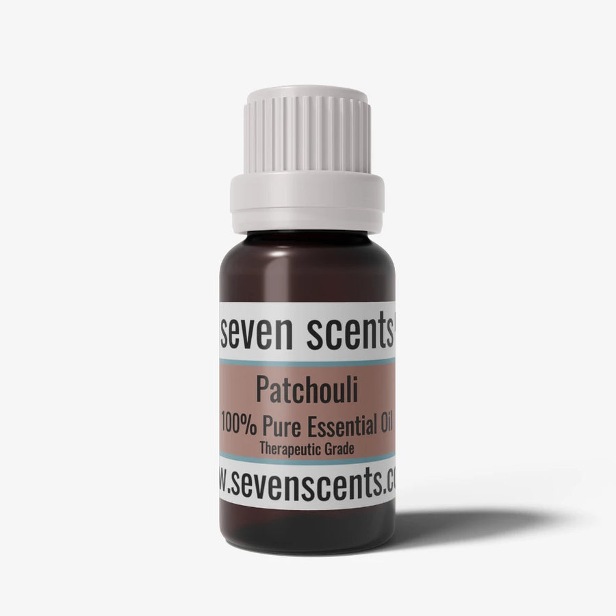 Patchouli essential oil bottle by Seven Scents with a white cap on a white background