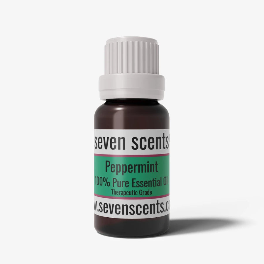 Peppermint Essential Oil bottle with a white cap on a white background