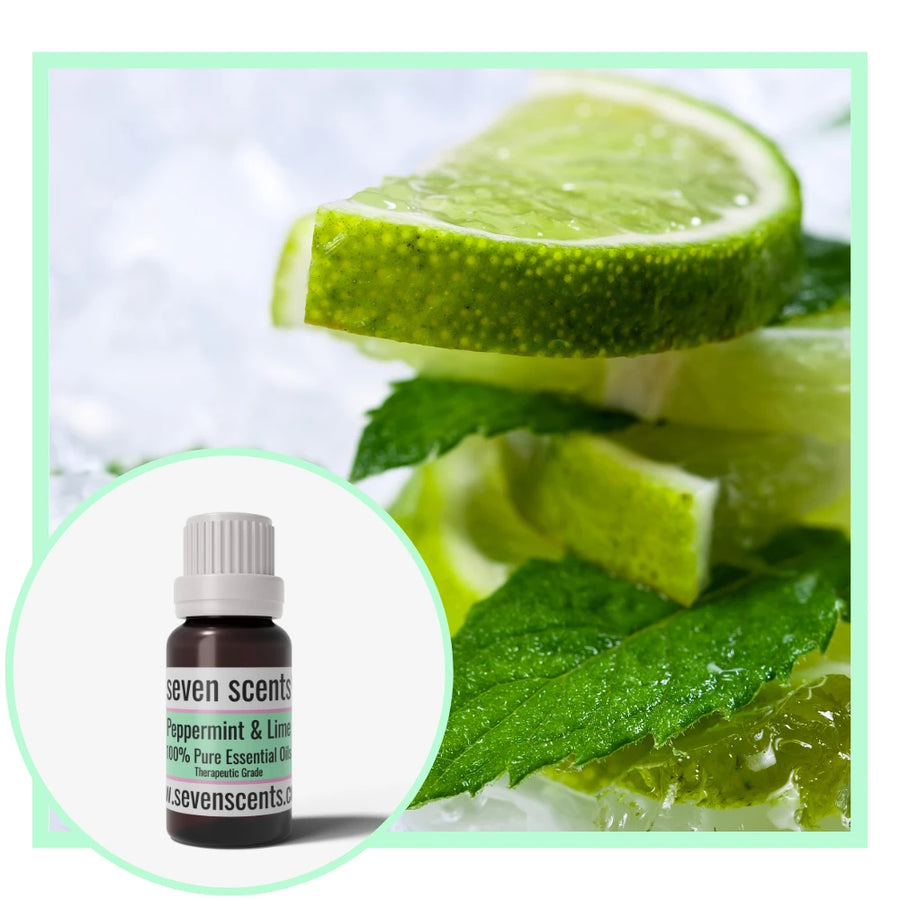 Peppermint and Lime essential oil blend by Seven Scents with fresh lime slices, peppermint leaves and ice