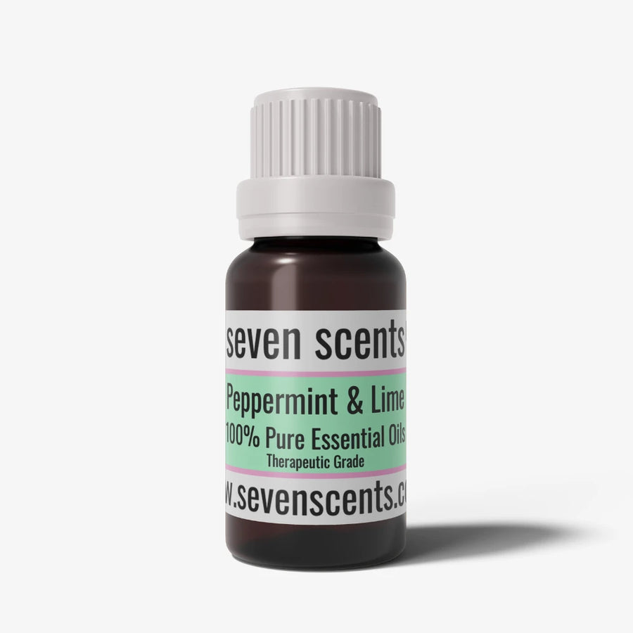 Peppermint Lime essential oil blend bottle with a white cap on a white background