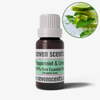 Peppermint & Lime Essential Oil Blend with lime slices, mint leaves and ice, in a 10ml amber glass bottle — Seven Scents NZ