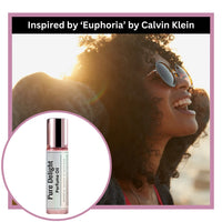 Pure delight perfume oil inspired by Euphoria by Calvin Klein with a woman with sunglasses smiling outdoors