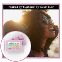 Woman wearing sunglasses with a close-up of Calvin Klein Euphoria inspired wax melts packaging.