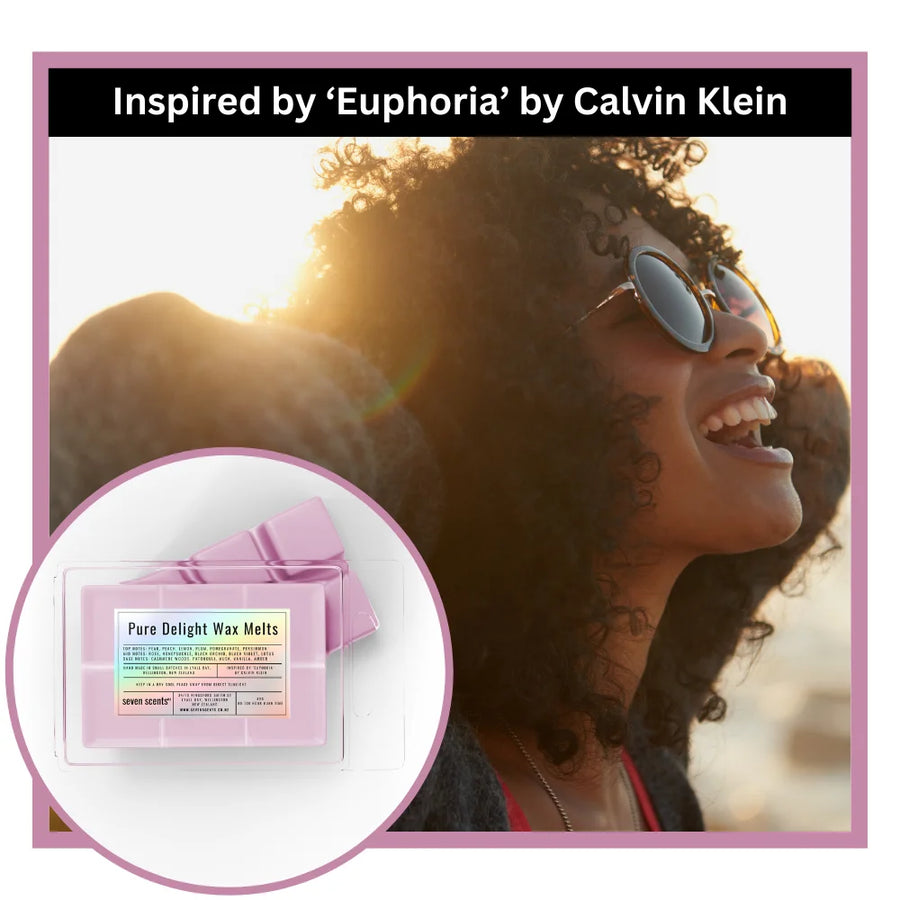 Woman wearing sunglasses with a close-up of Calvin Klein Euphoria inspired wax melts packaging.