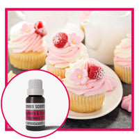 Cupcakes with pink frosting and berries on a plate, with a bottle of Seven Scents raspberry vanilla fragrance oil inset.