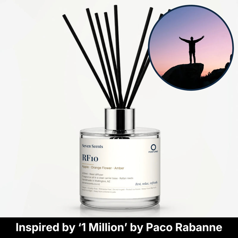 RF10 Reed Diffuser by Seven Scents - glass bottle with a person raising their arms at sunset