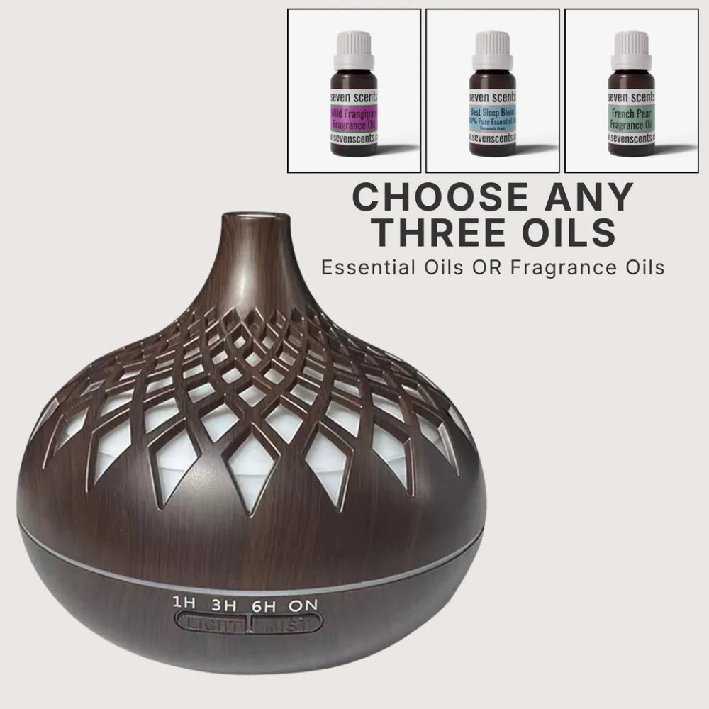 Richie [dark] lattice cutout essential oil diffuser bundle with choice of 3 oils - Seven Scents NZ
